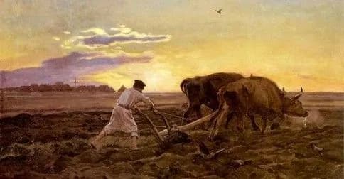 Reprodukcja obrazu olejnego: rolnik prowadzi drewniany pług zaprzężony w parę wołów po polu o zachodzie słońca.