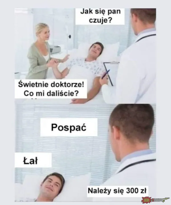 Żartobliwy obrazek z pacjentem w szpitalnym łóżku, któremu lekarz zaleca po prostu się wyspać