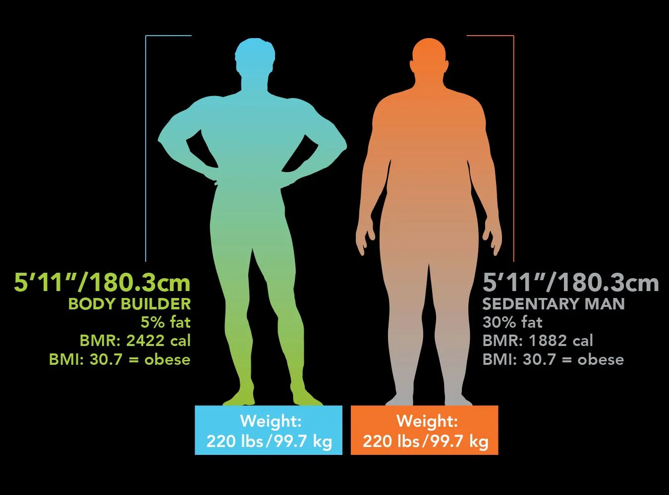 Porównanie dwóch sylwetek mężczyzn o tym samym wzroście 180 cm i tej samej masie 99,7 kg: kulturysta z 5 procentami tkanki tłuszczowej i mężczyzna prowadzący siedzący tryb życia z 30 procentami. Obaj mają identyczne BMI równe 30,7.