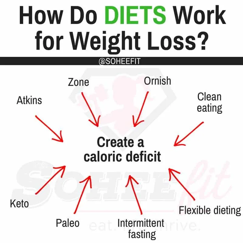 Infografika z nazwami popularnych diet, od której wszystkie strzałki prowadzą do jednego napisu w środku: wytworzenie deficytu kalorycznego
