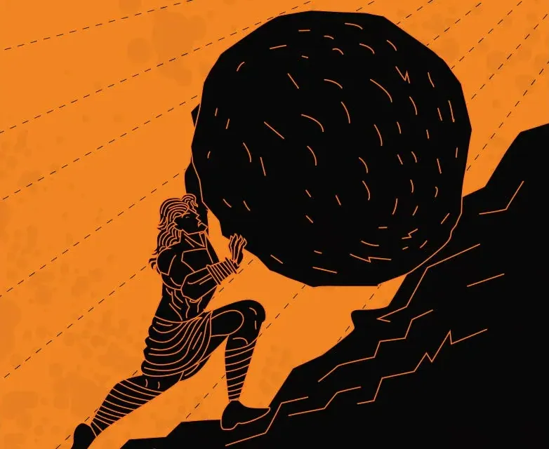 Graficzna ilustracja w stylu antycznej ceramiki: Syzyf pcha pod górę wielki czarny głaz na pomarańczowym tle